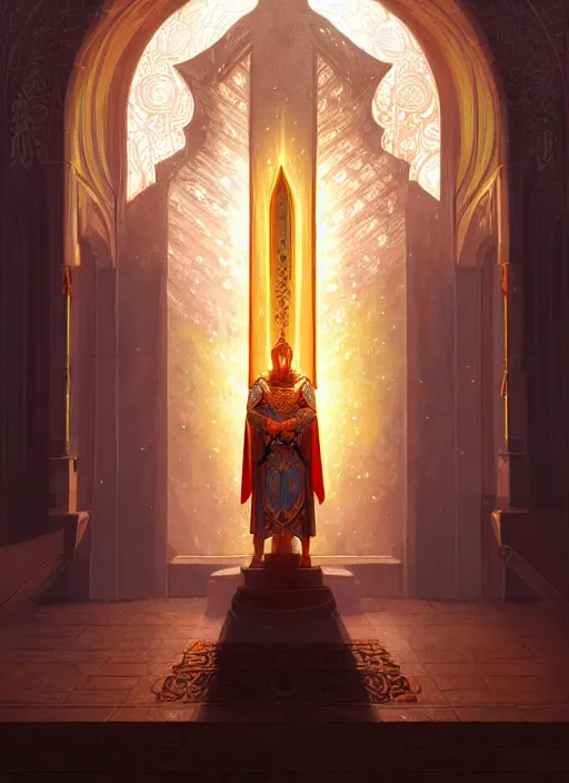 Image similar to portrait of uther the paladin, intricate, elegant, god rays, blessed altar, holy glowing lights, highly detailed, digital painting, artstation, concept art, smooth, sharp focus, illustration, art by wlop, mars ravelo and greg rutkowski