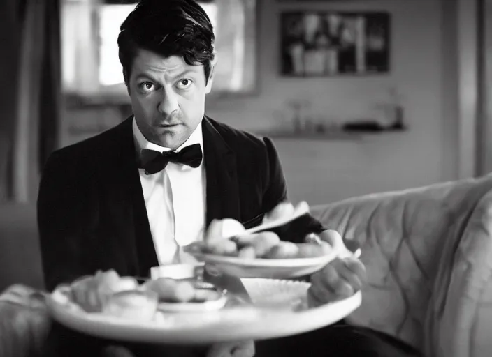 Prompt: cinematic 1 9 2 0 s portrait of misha collins eating saltines, bokeh,