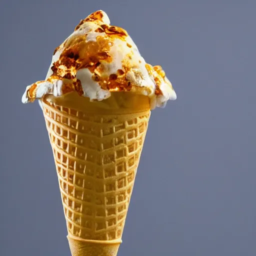 Prompt: an ice cream cone made out of high clarity amber ice, elegant and ornate,