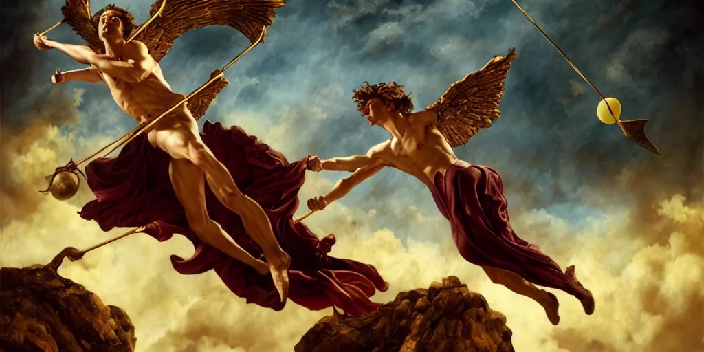 Prompt: Icarus trying to catch a quidditch, by Rolf Armstrong and Evelyn De Morgan and Bastien Lecouffe-Deharme, dramatic lighting, high contrast colors, baroque, empyrean, panoramic view, as trending on Artstation, highly detailed, doom engine,