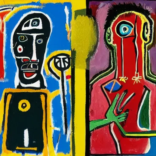 Prompt: tarot card painting by jean michel basquiat and pablo picasso