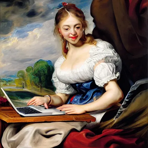 Image similar to heavenly summer sharp land sphere scallop well dressed lady working on her laptop auslese, by peter paul rubens and eugene delacroix and karol bak, hyperrealism, digital illustration, fauvist, looking at her imac laptop