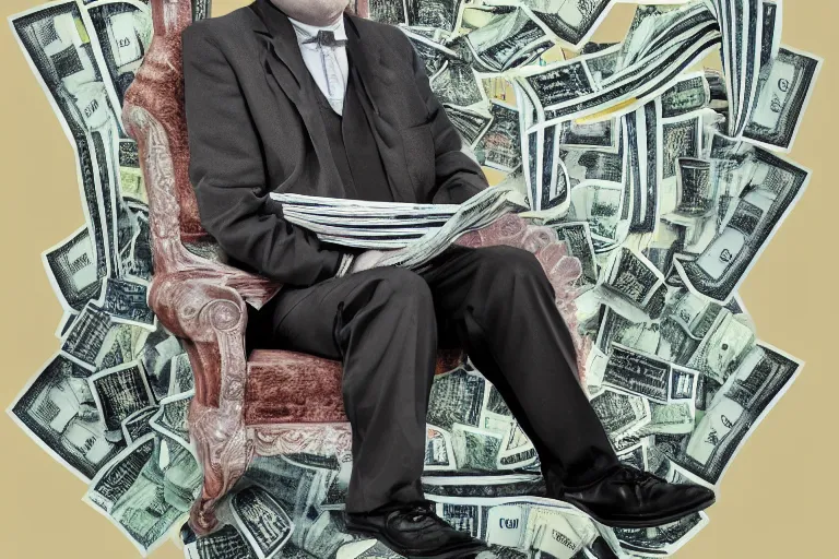 Prompt: a greedy man, sitting on a throne of money, studio photography, 3 5 mm lens, digital art, 8 k