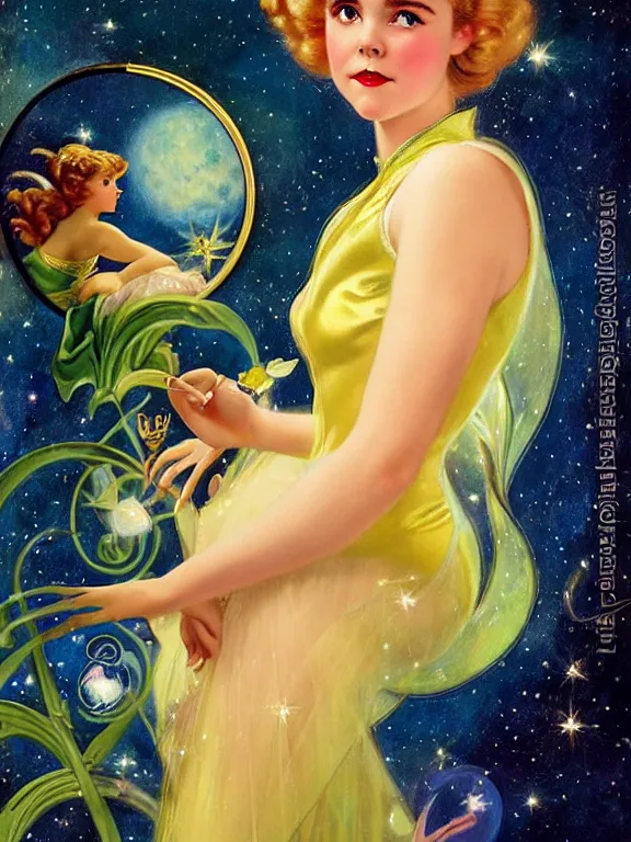 Image similar to kiernan shipka as tinkerbell, a beautiful art nouveau portrait by Gil elvgren, moonlit starry sky environment, centered composition, defined features, golden ratio, gold jewlery