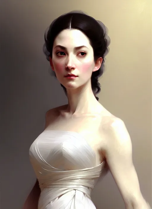 Image similar to character concept portrait of a stoic and proud woman in an elegant gown, pale face, intricate, elegant, digital painting, concept art, smooth, sharp focus, illustration, from Metal Gear, by Ruan Jia and Mandy Jurgens and William-Adolphe Bouguereau, Artgerm