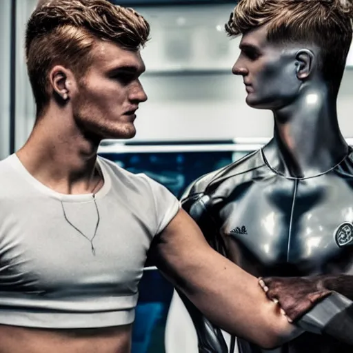 Image similar to a realistic detailed photo of a guy who is an attractive humanoid who is half robot and half humanoid, who is a male android, soccer players martin ødegaard & timo werner, shiny skin, posing like a statue, blank stare, in a factory, on display, showing off his muscles, gold soccer shorts, side view, looking at each other mindlessly