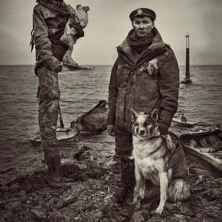 Prompt: Portrait of a Soviet sailor wearing rugged Venetian doge clothes, postapocalyptic, 1980\'s photo