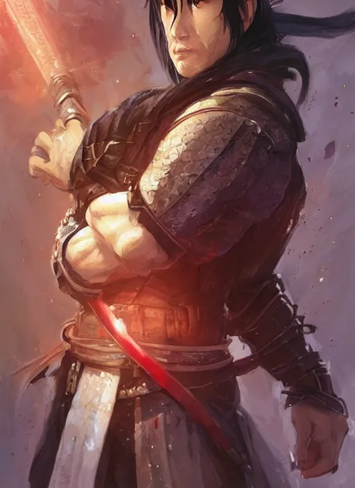 Image similar to asian with medium black hair man looking down at camera, low angle, camera low, dndbeyond, bright, colourful, realistic, dnd character portrait, full body, pathfinder, pinterest, art by ralph horsley, dnd, rpg, lotr game design fanart by concept art, behance hd, artstation, deviantart, hdr render in unreal engine 5