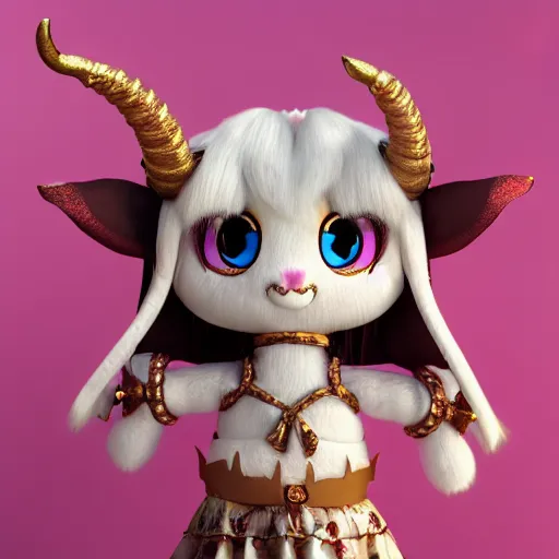 Image similar to cute fumo plush of a goat girl with horns, anime girl, tribal outfit with intricate celtic knot patterns, golden pauldrons, gothic maiden princess, artstation, vray