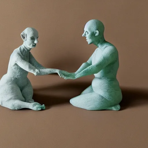 Prompt: ceramic sculptures, soft 3 d render, diffused lighting, two aliens meeting for the first time, touching fingertips, artwork by shary boyle