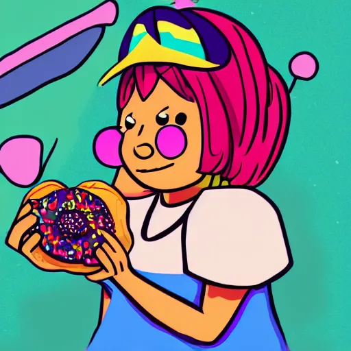 Prompt: Mabel Pines, gravity falls character, eating a donut, colourful, drawing, masterpiece, high detail, digital art