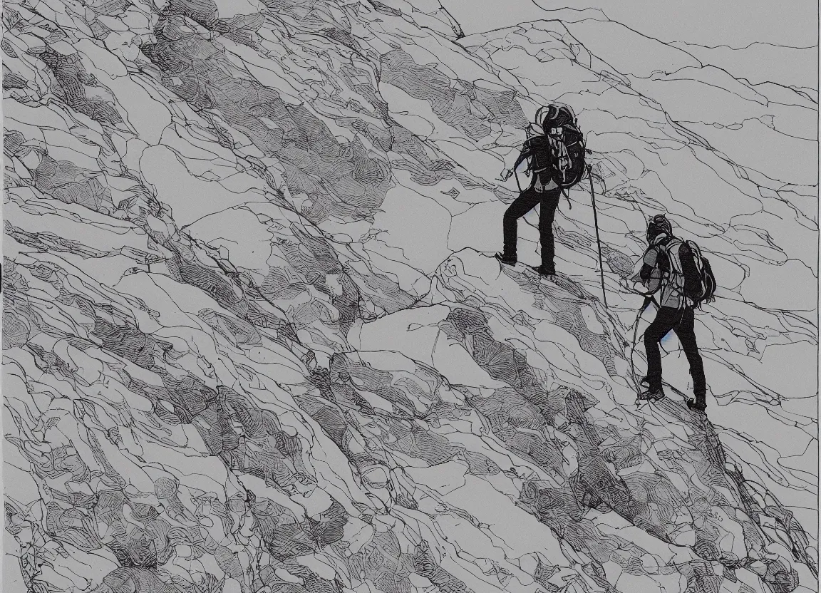 Image similar to backpacker standing on ridgeline in utah, minimalist line art by moebius, clean long lines, ultra detailed