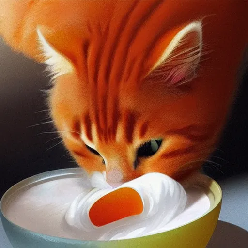Prompt: a fluffy cat drinking from a bowl of milk. orange cat. the cat was in a room with yellow background color. animal. digital art. artstation. realistic. vibrant. illustration. in the style of pixar movie. octane render. art by artgerm and greg rutkowski and alphonse mucha. volumetric lighting