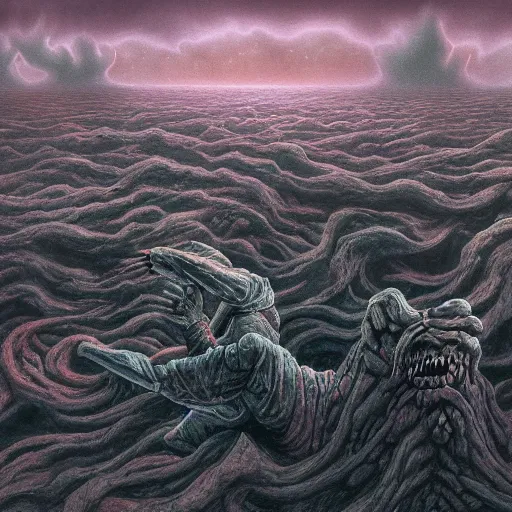 Prompt: a weeping demon crouching in the middle of a shallow sea, purple sky and black clouds, by Dan Seagrave and by Dan Witz, hd, 8k resolution, high detail