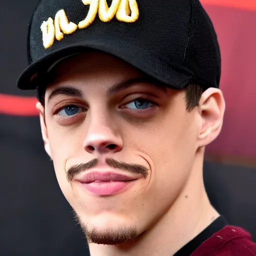 Image similar to pete davidson with a mustache and a black baseball hat, closeup photo