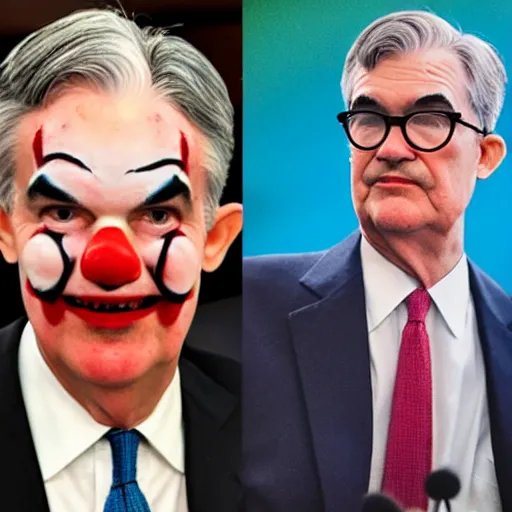 Prompt: photo of Jerome Powell with whiteface clown makeup using a flamethrower