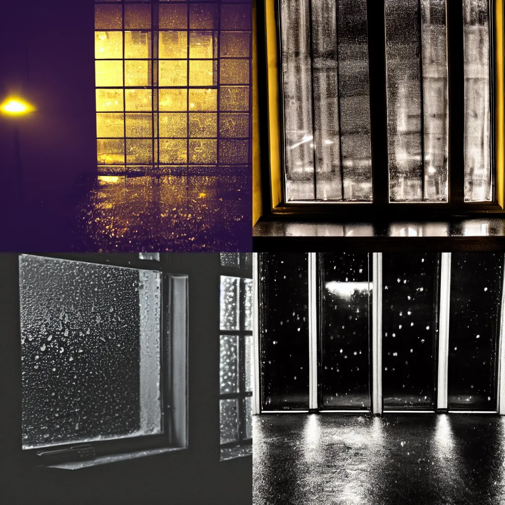 Prompt: dark room, lit only by city lights shining through a lone window, dark, nightscape, raindrops, shiloette