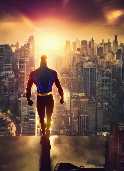 Image similar to a 3 5 mm photo from the back of a superhero standing in front of a city, splash art, movie still, bokeh, canon 5 0 mm, cinematic lighting, dramatic, film, photography, golden hour, depth of field, award - winning, anamorphic lens flare, 8 k, hyper detailed, 3 5 mm film grain