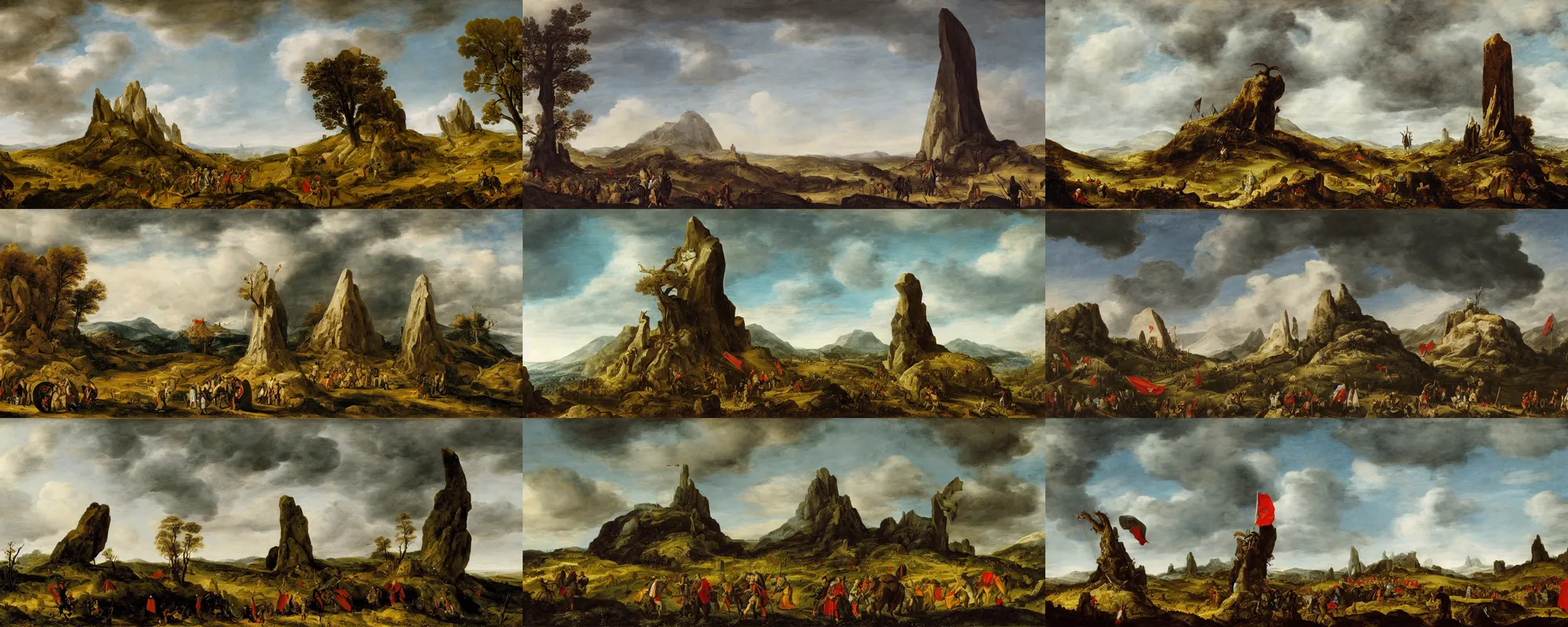 Prompt: meadow mountain landscape with a menhir in the foreground, medieval warriors wearing plate armor resting on the top of a menhir, red flag with a black dragon painted, by jacob van ruisdael