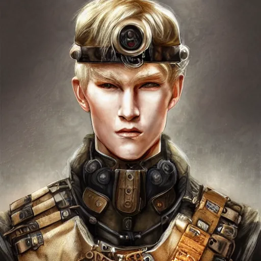 Image similar to portrait of a man by ayami kojima, norwegian, he is about 2 0 years old, blond short hair, tall and strong, older brother vibes, he is wearing a steampunk tactical gear, highly detailed portrait, digital painting, artstation, concept art, smooth, sharp foccus ilustration, artstation hq