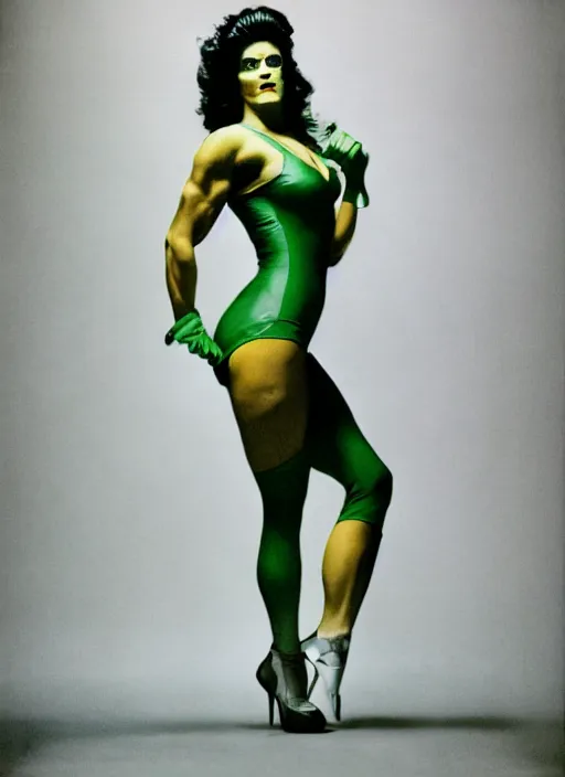 Image similar to a color portrait of the she hulk wearing fashion clothing by richard avedon dramatic lighting.