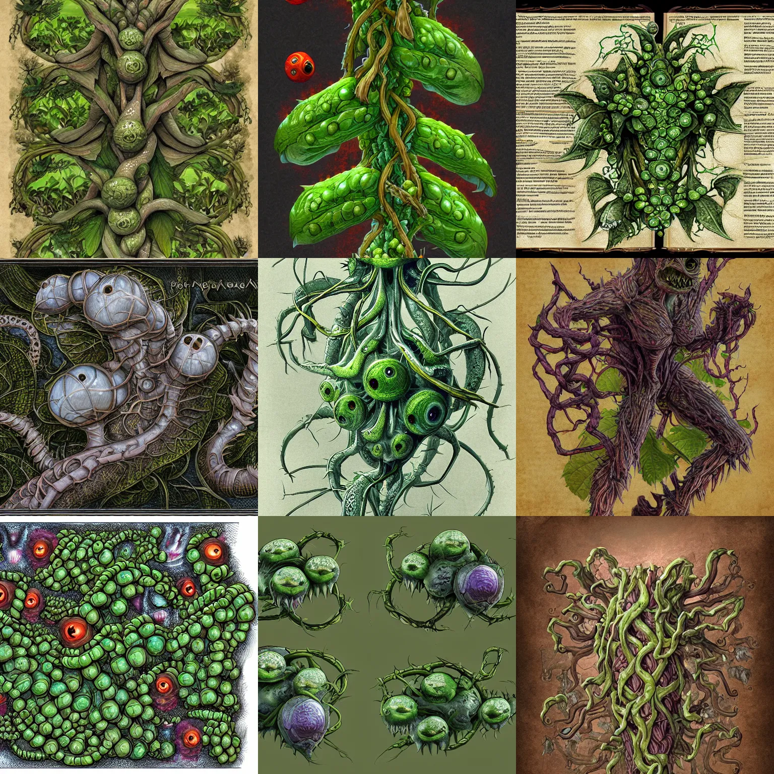 Prompt: A plant whose fruits are human eyeballs. 8k high resolution, extremely detailed. D&D Monster manual, fantasy art, vines, extremely detailed, 8k resolution.