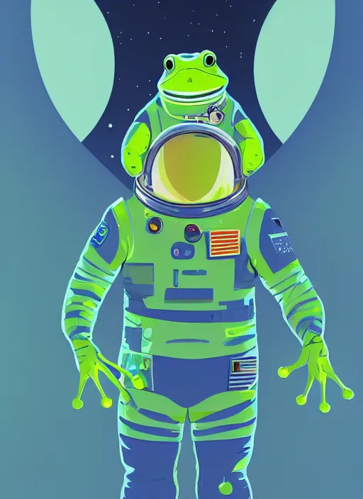 Image similar to a frog in a astronaut suit standing top of the earth, au naturel, hyper detailed, digital art, trending in artstation, cinematic lighting, studio quality, smooth render, unreal engine 5 rendered, octane rendered, art style by kurzgesagt