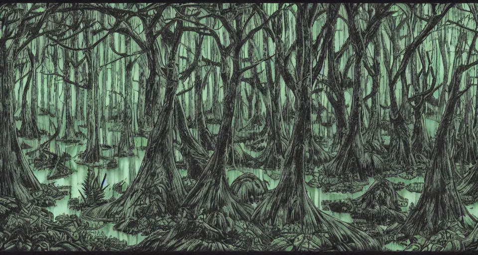 Prompt: A dense and dark enchanted forest with a swamp, by Yoshihiro Togashi