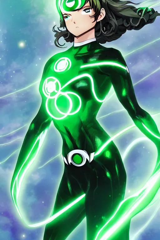 Image similar to anime key visual of a beautiful female green lantern, intricate, glowing accents, powers, glowing ring, speed, goddess, dc comics, cinematic, stunning, highly detailed, digital painting, artstation, smooth, hard focus, illustration, character concepts by senior concept artist