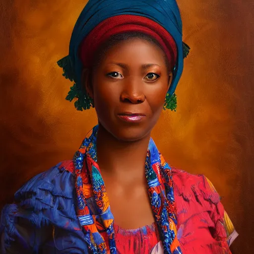 Image similar to portrait of a cameroonian woman ( 3 5 ) from cameroon, an oil painting by ross tran and thomas kincade