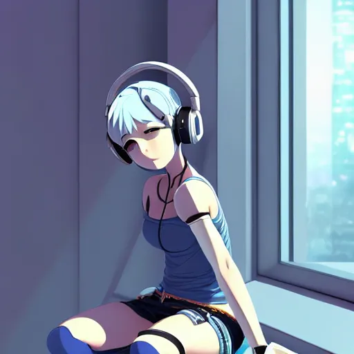 Image similar to cyborg - girl with silver hair, wearing headphones, and sitting on a window sill, highly detailed, painting, dark blue and black color palette, intricate, high quality anime artstyle, in the style of makoto shinkai