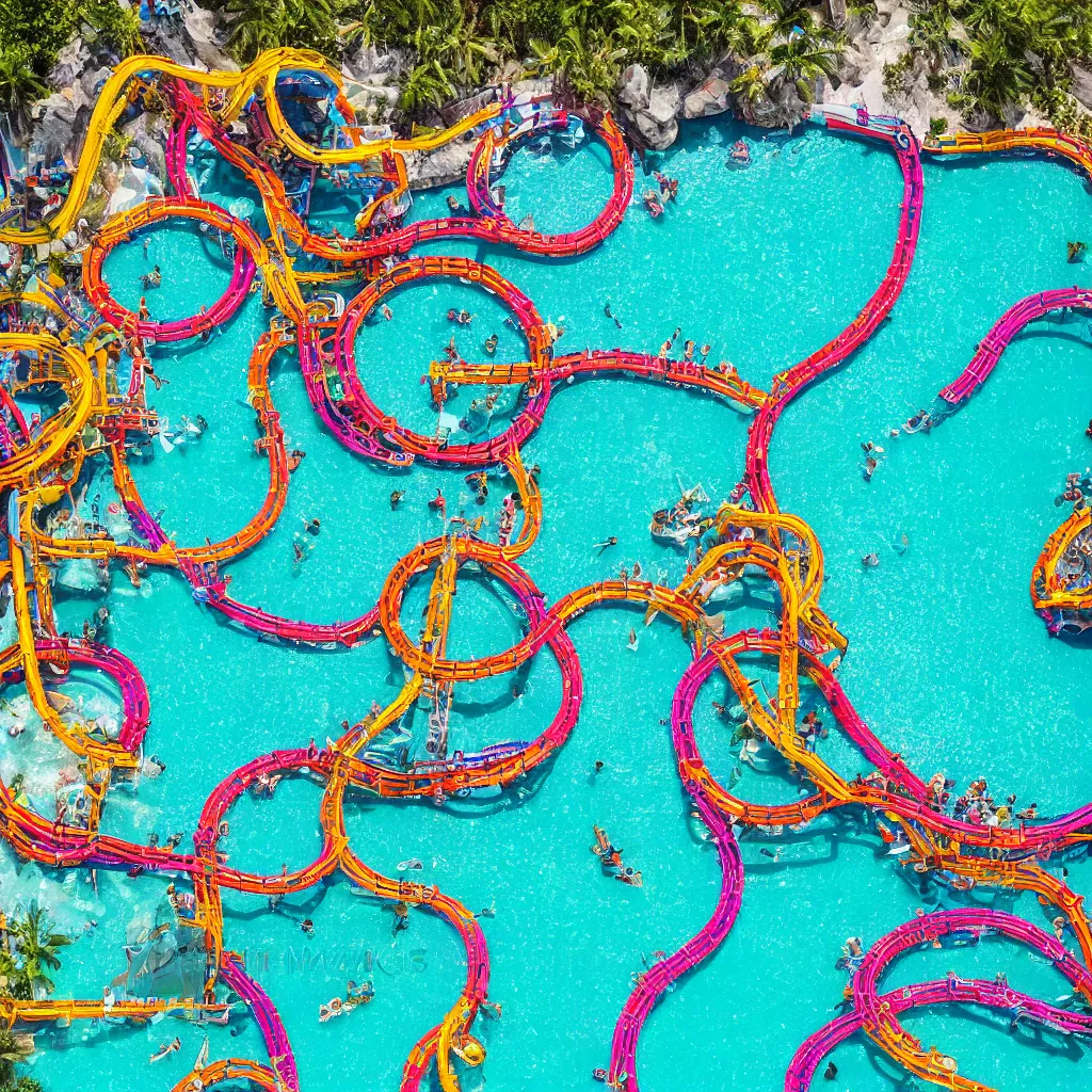 Image similar to colorful rollercoasters over pools of bright blue water, birds eye view