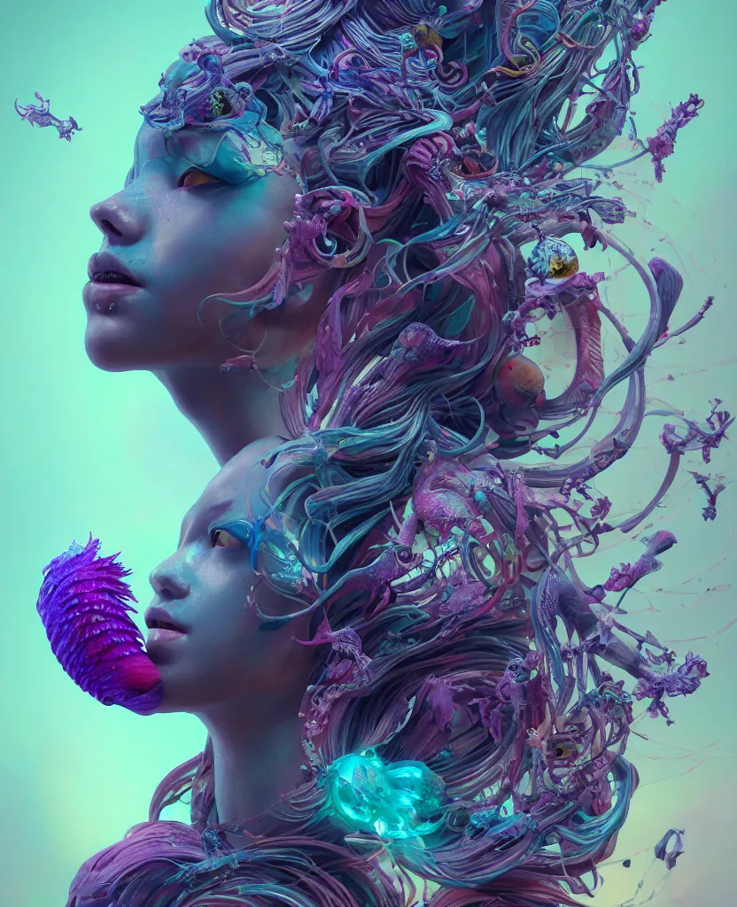 Image similar to goddess full color painted acryllic sculpture close-up portrait. orchid bird phoenix head, nautilus, skull, betta fish, bioluminiscent creatures, intricate artwork by Tooth Wu and wlop and beeple. octane render, trending on artstation, greg rutkowski very coherent symmetrical artwork. cinematic, hyper realism, high detail, octane render, 8k