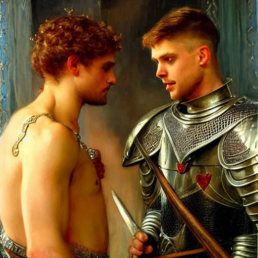 Image similar to attractive arthur pendragon confesses his love for his attractive male knight. highly detailed painting by gaston bussiere and j. c. leyendecker 8 k