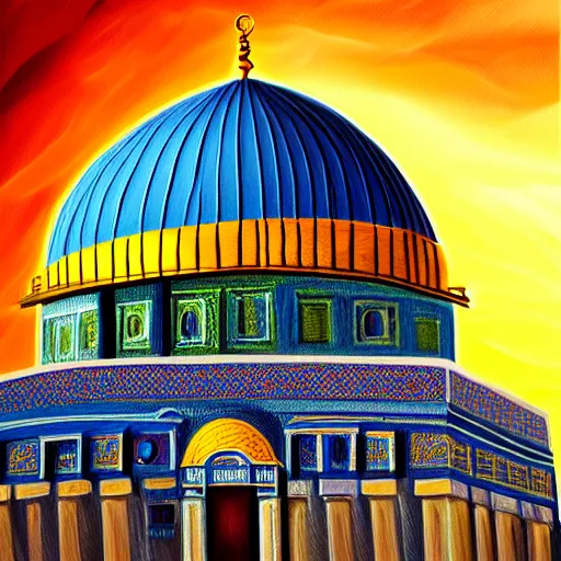 Prompt: a beautiful oil painting flyer design illustration of dome of the rock jerusalem hands hugging it, intricate, elegant, highly detailed, digital painting, artstation, concept art, smooth, sharp focus, illustration