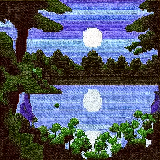 Prompt: pixel art of a lake at night in a forest, dark blue colors