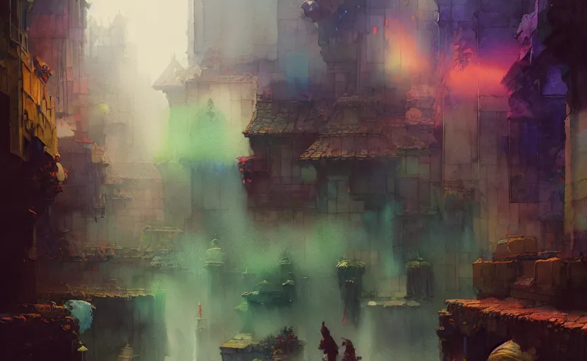 Image similar to armory. intricate, amazing composition, colorful watercolor, by ruan jia, by maxfield parrish, by marc simonetti, by hikari shimoda, by robert hubert, by zhang kechun, illustration, gloomy, volumetric lighting, fantasy