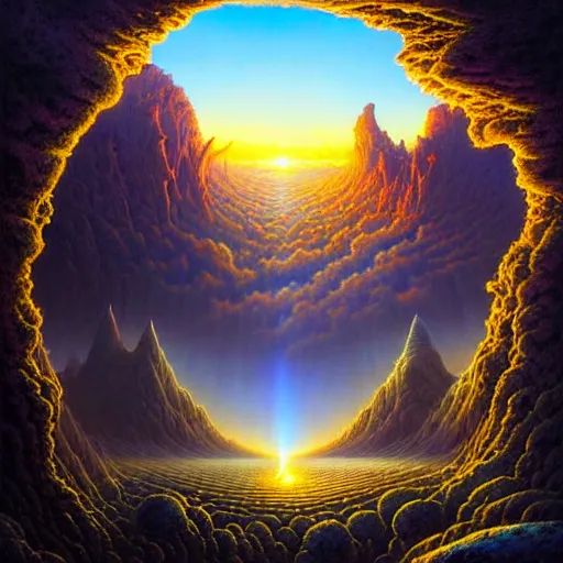 Image similar to of an impossible landscape with a infinite multi dimension portal, spaceship bending spacetime with a beautiful ultra detailed matte painting a lush mountain range at dusk by tomasz alen kopera and Justin Gerard and Dan Mumford, tarot card, dazzling energy, ultra wide angle shot, high angle shot, intricate, fractal magic, rays of god, hyperdetailed, micro details, volumetric lighting, 8k, ray tracing, polarized lens