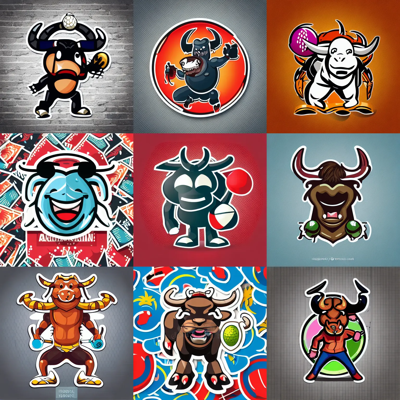 Prompt: “ aggressive anthropomorphic bull with a cricket ball, full body mascot, sticker, highly detailed, colorful, illustration, smooth and clean vector curves, no jagged lines, low noise, vector art, logo ”