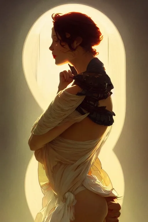 Image similar to the kiss, light from above, fantasy, portrait, sharp focus, intricate, elegant, digital painting, artstation, matte, highly detailed, concept art, illustration, ambient lighting, art by ilya kuvshinov, artgerm, alphonse mucha, and greg rutkowski