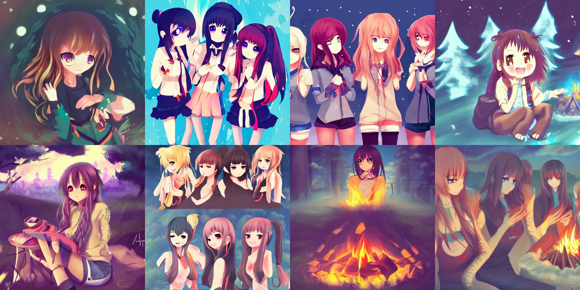 Prompt: anime cute girls around campfire trending on artstation illustration digital