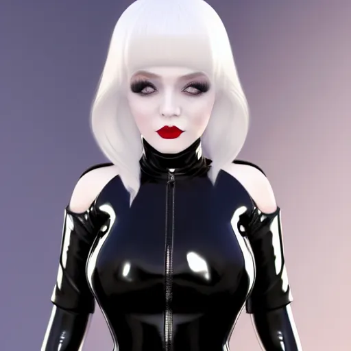 Prompt: a curvy feminine pale goth cutie in an elaborate black latex-leather-rubber tight neck-high outfit, with a thin waist, cgsociety, photorealistic, sublime-comfy-elegant ambience, 16k, smooth, sharp focus, trending on ArtStation, volumetric lighting, fully clothed, worksafe