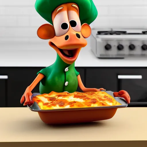 Image similar to pixar 3 d style cute platypus on a kitchen wearing a chef hat and holding a lasagna into an oven, pixar style, 3 d, ratatouille style