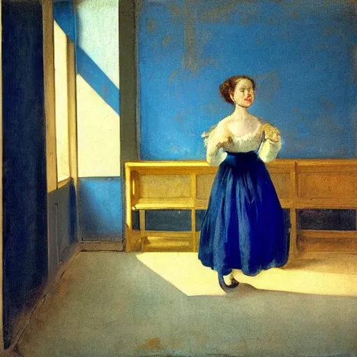 Image similar to a girl in a blue and gold haunted liminal room, film still by goya, subject by balthus, colors by pontormo, lights by hopper, extreme detail, liminal aesthetic, background art nouveau,