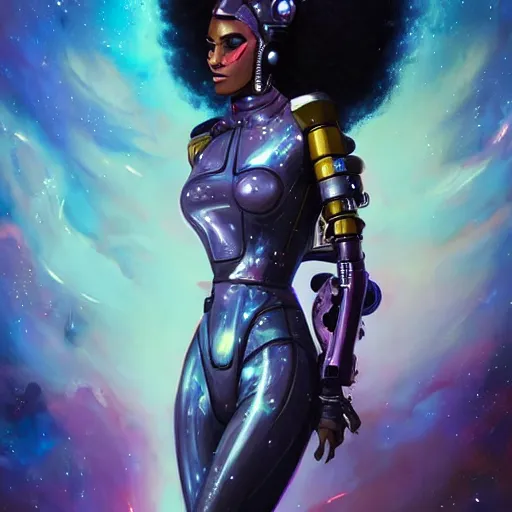 Image similar to fashion photoshoot of Adhel Bol in space suit, beautiful cybernetic queen, black woman, epic cosmos and nebula in the background, cyberpunk concept art by pete mohrbacher and wlop and artgerm josan gonzalez and syd mead, digital art, highly detailed, intricate, sci-fi, sharp focus, Trending on Artstation, unreal engine 5, 4K UHD image