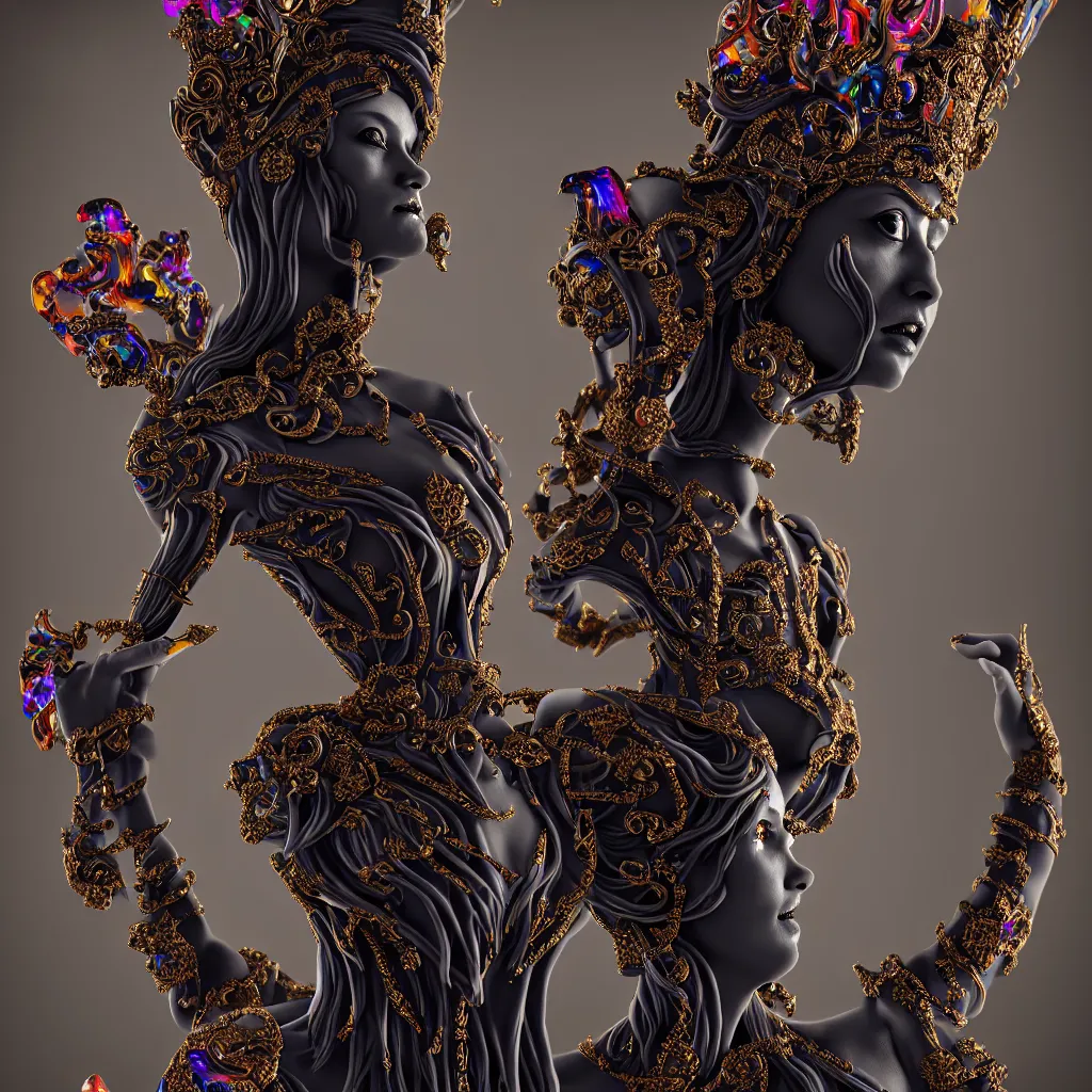 Prompt: a single close up photo - real delicate ceramic porcelain sculpture of an ornate majestic dark necromancer queen by rafael, detailed in front of an intricate background by mondrian, backlit lighting, subsurface scattering, translucent, thin porcelain, octane renderer, colorful, physically based rendering,