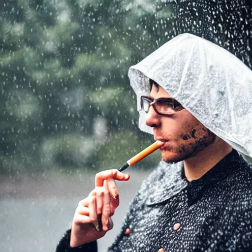 Prompt: photo of aspic meat jelle smoking cigarette under rain