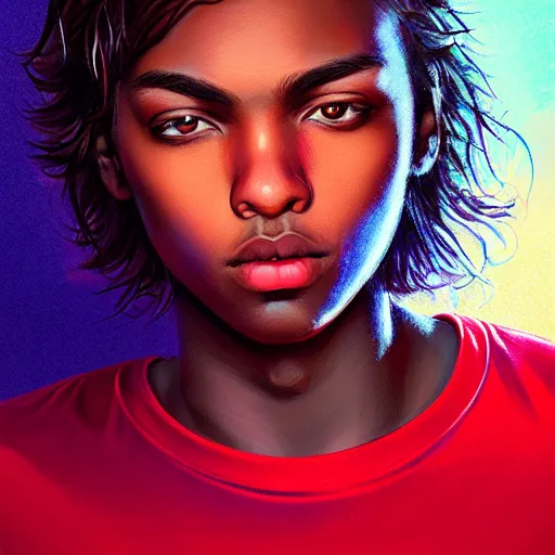 Image similar to colorful and festive captivating teenager with straight brown hair covering his eye, dark skin, big lips, big eyes, wearing a red t - shirt. rich vivid colors, ambient lighting, dynamic lighting, 4 k, atmospheric lighting, painted, intricate, highly detailed by charlie bowater