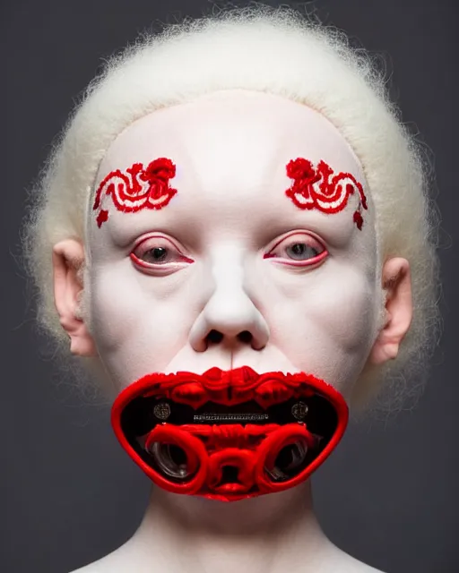 Image similar to symmetrical portrait of an albino woman wearing a silicone embroidered red beauty mask and white hair buns, wearing a black bodysuit by alexander mcqueen, cream white background, soft diffused light, biotechnology, humanoide robot, bjork aesthetic, translucent, by rineke dijkstra, intricate details, highly detailed, masterpiece,