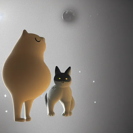 Image similar to a big fat cat guards a big fat dog on the moon, 3 d render, cosmic vibes